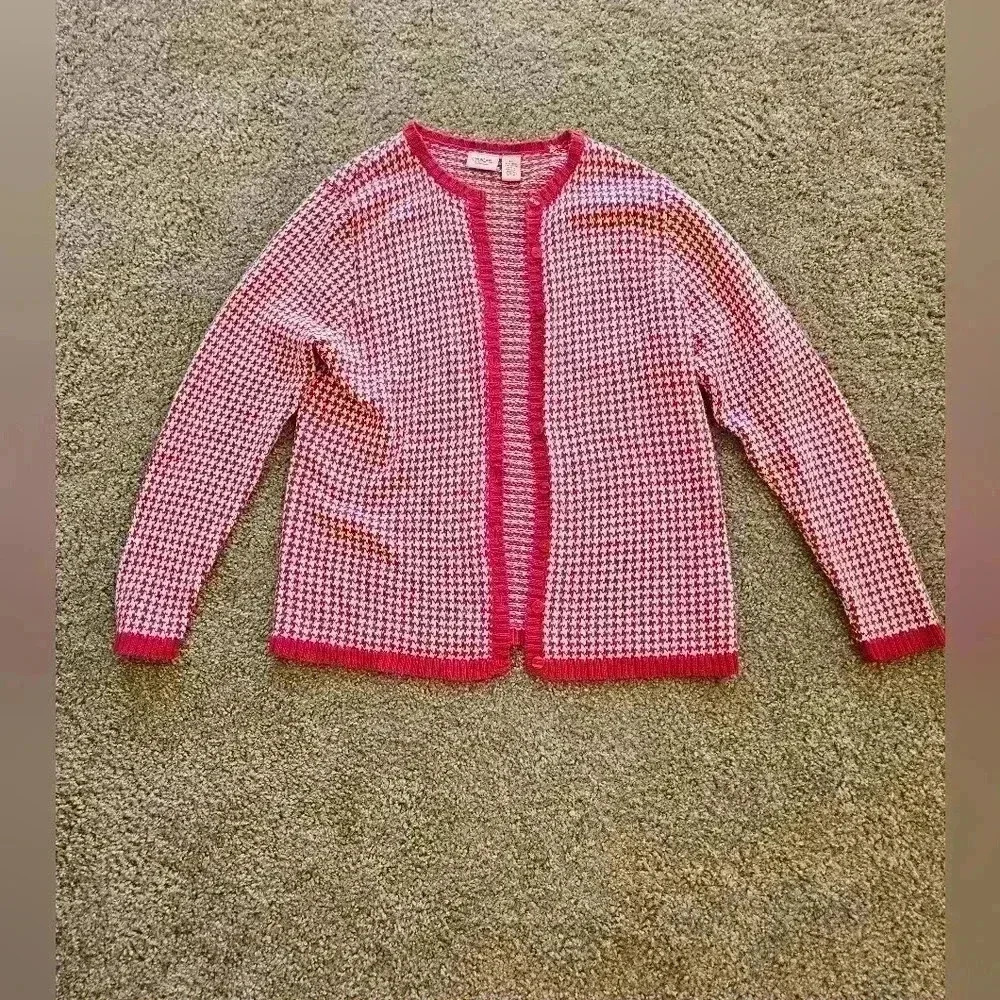 Red & White Herringbone Cardigan, Size XL